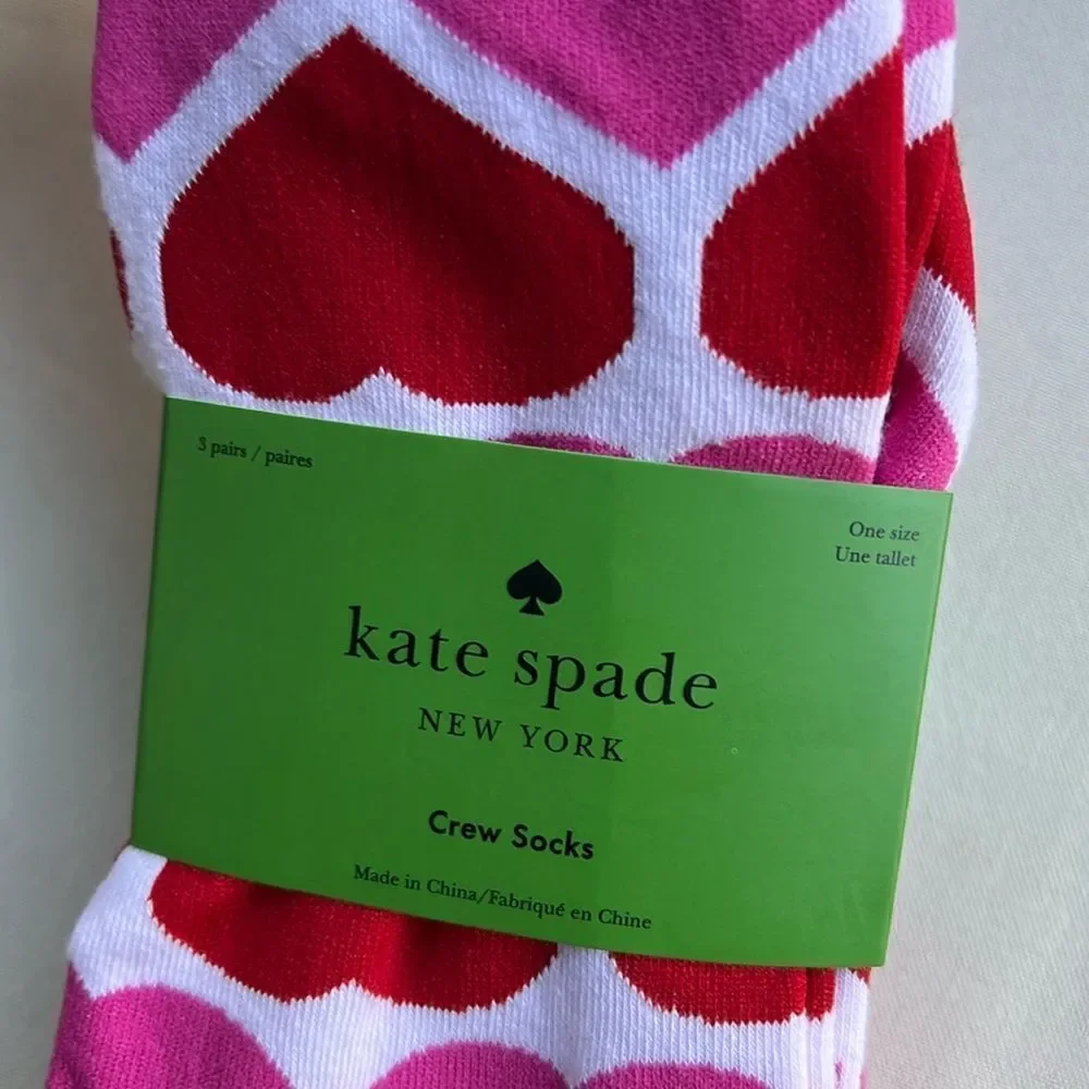 Kate Spade Pink Heart Print Crew Socks 3 Pack